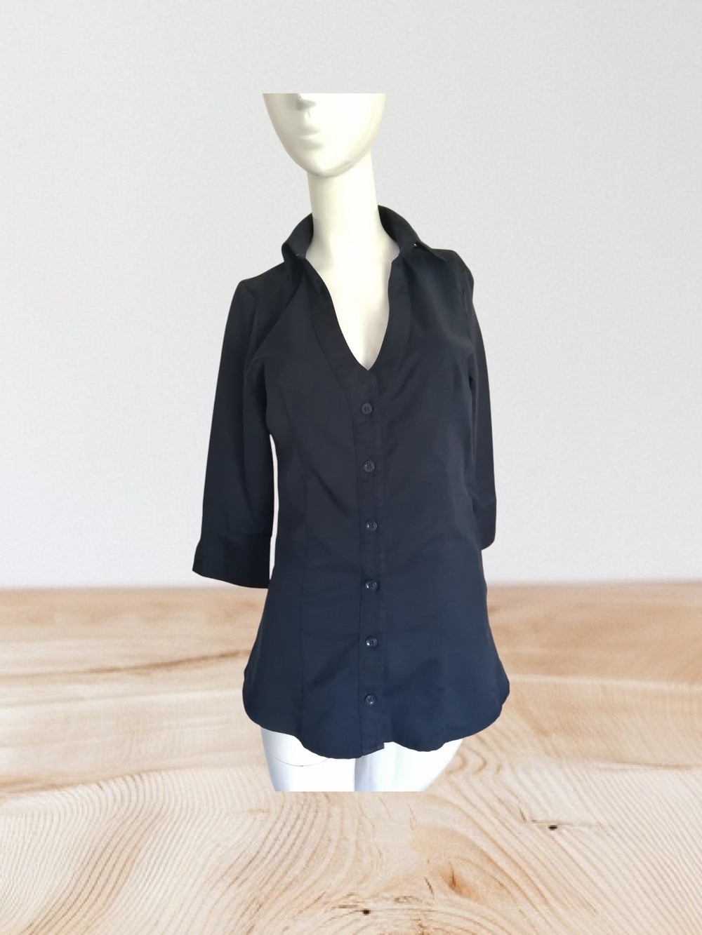 Women's Black Button-Down Shirt with Three-Quarter Sleeves